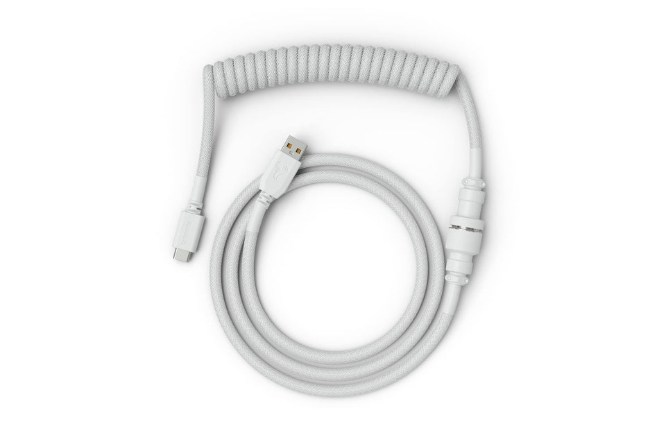 GLORIOUS front view of white coiled cable showcasing premium finish and neat coil
