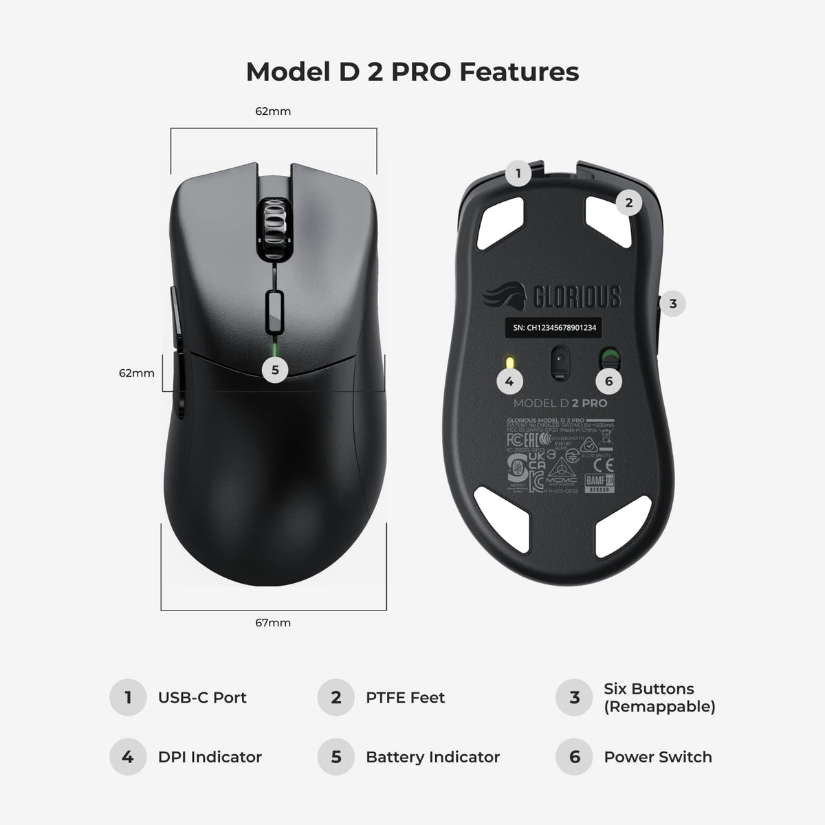 GLORIOUS Model D 2 PRO wireless mouse with PTFE feet for smooth gliding.