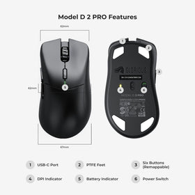 GLORIOUS Model D 2 PRO wireless mouse with PTFE feet for smooth gliding.