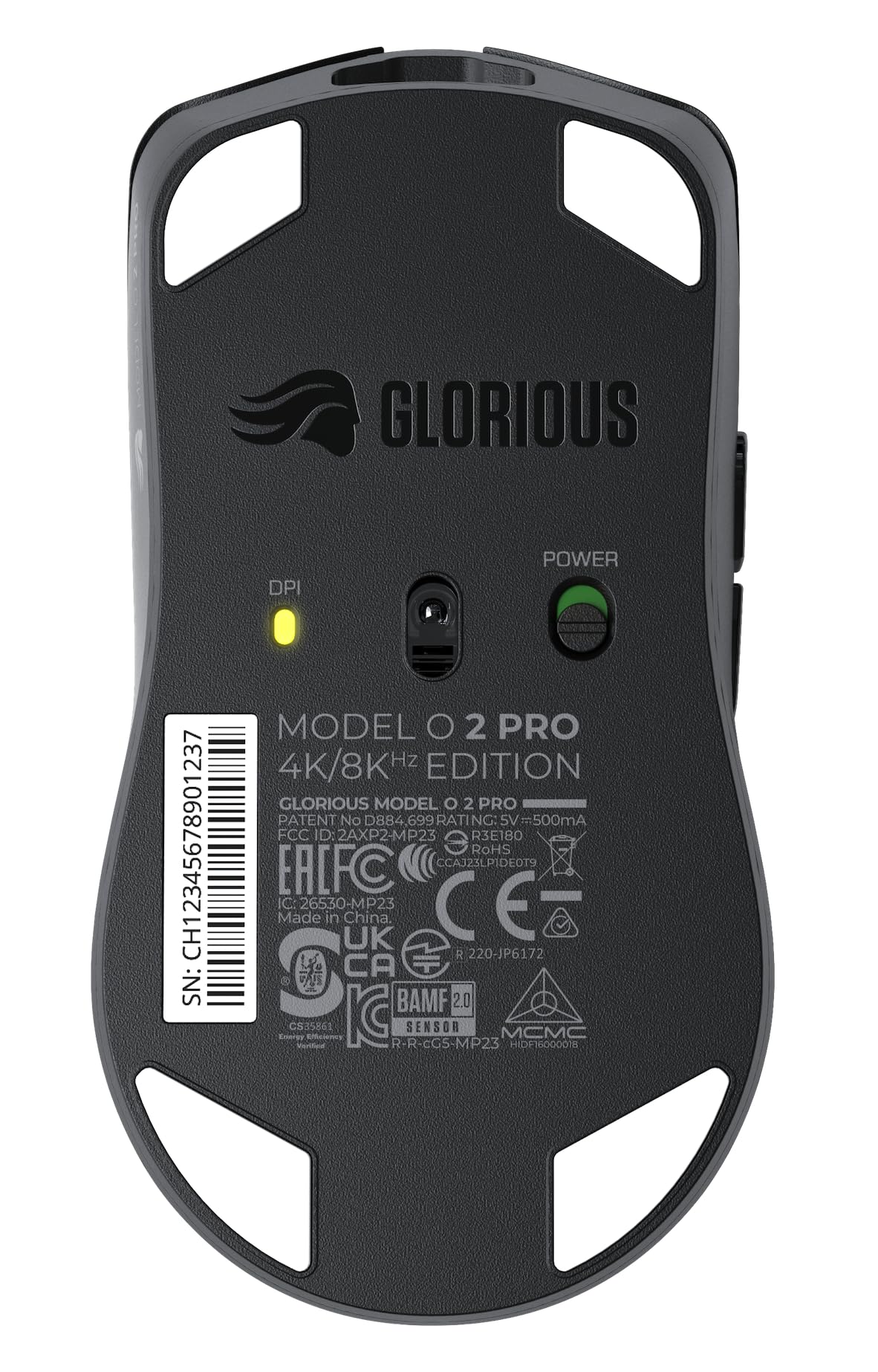 GLORIOUS Model O 2 Pro bottom view revealing sensor window and cable-free design.