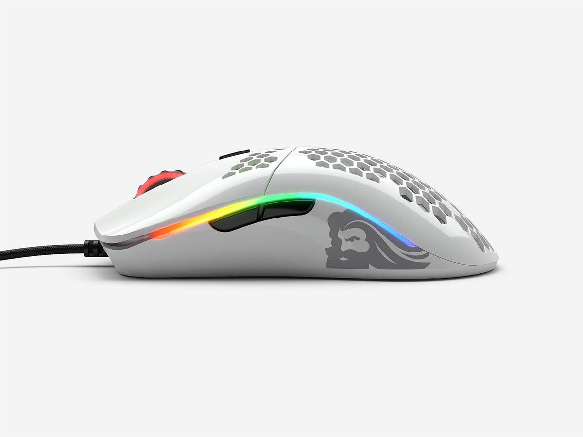 GLORIOUS Model O side closeup showing ergonomic curve and side button, improved grip