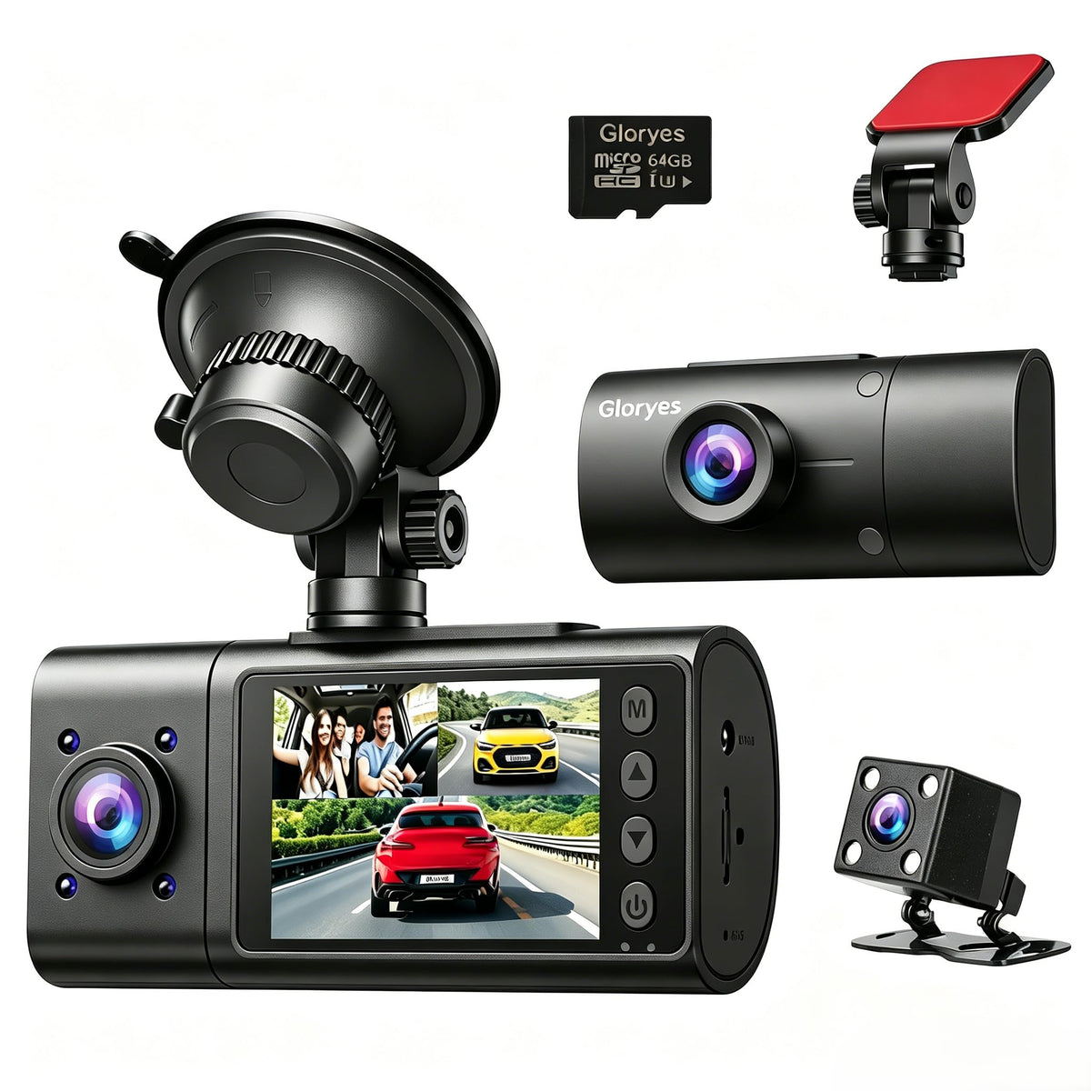 Gloryes 3-channel dash cam front-inside-rear provides comprehensive vehicle coverage day and night