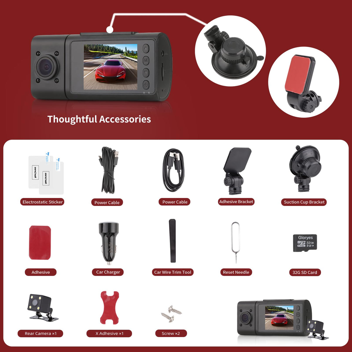 Gloryes three-channel dash cam shows front, rear, and interior angles.