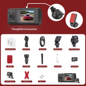 Gloryes three-channel dash cam shows front, rear, and interior angles.