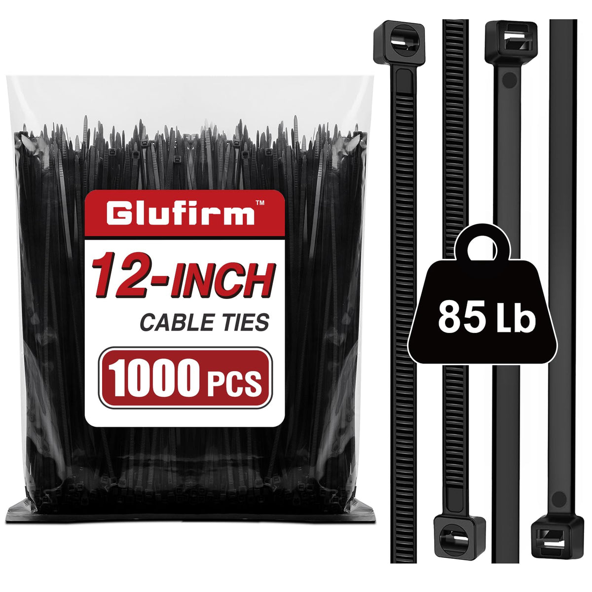 Glufirm front packaging showing 1000 12-inch ties and durable supply benefit