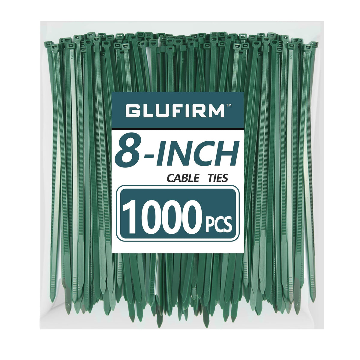 Glufirm green 8-inch zip ties securing garden stakes.
