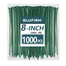 Glufirm green 8-inch zip ties securing garden stakes.