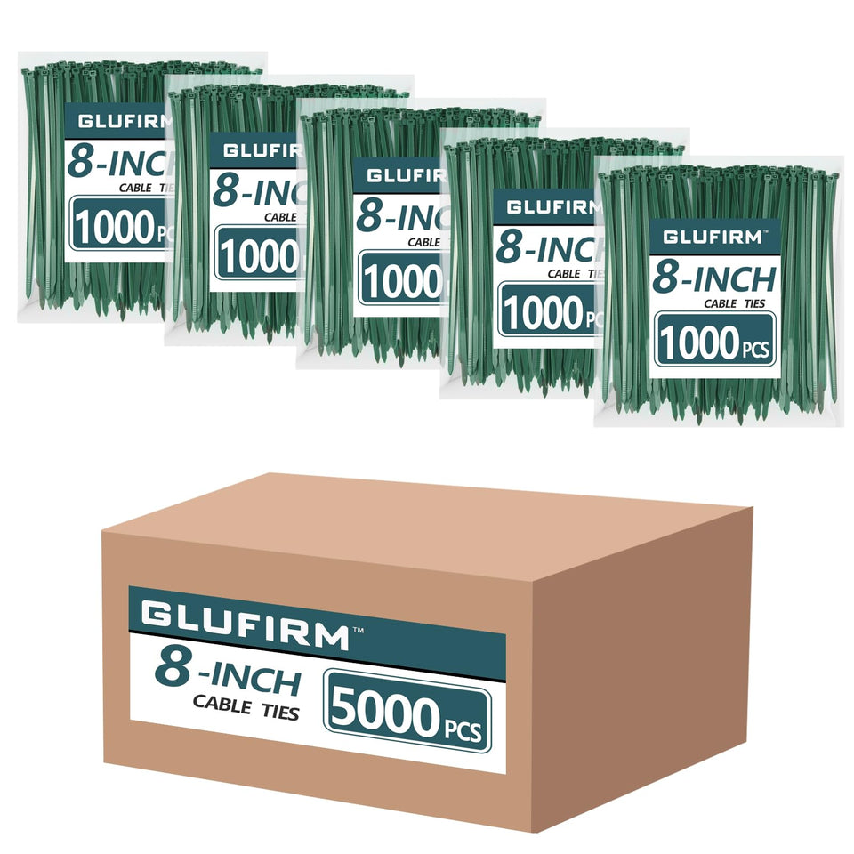 Glufirm green zip ties 8inch 5000pack ideal for bulk cable organization.
