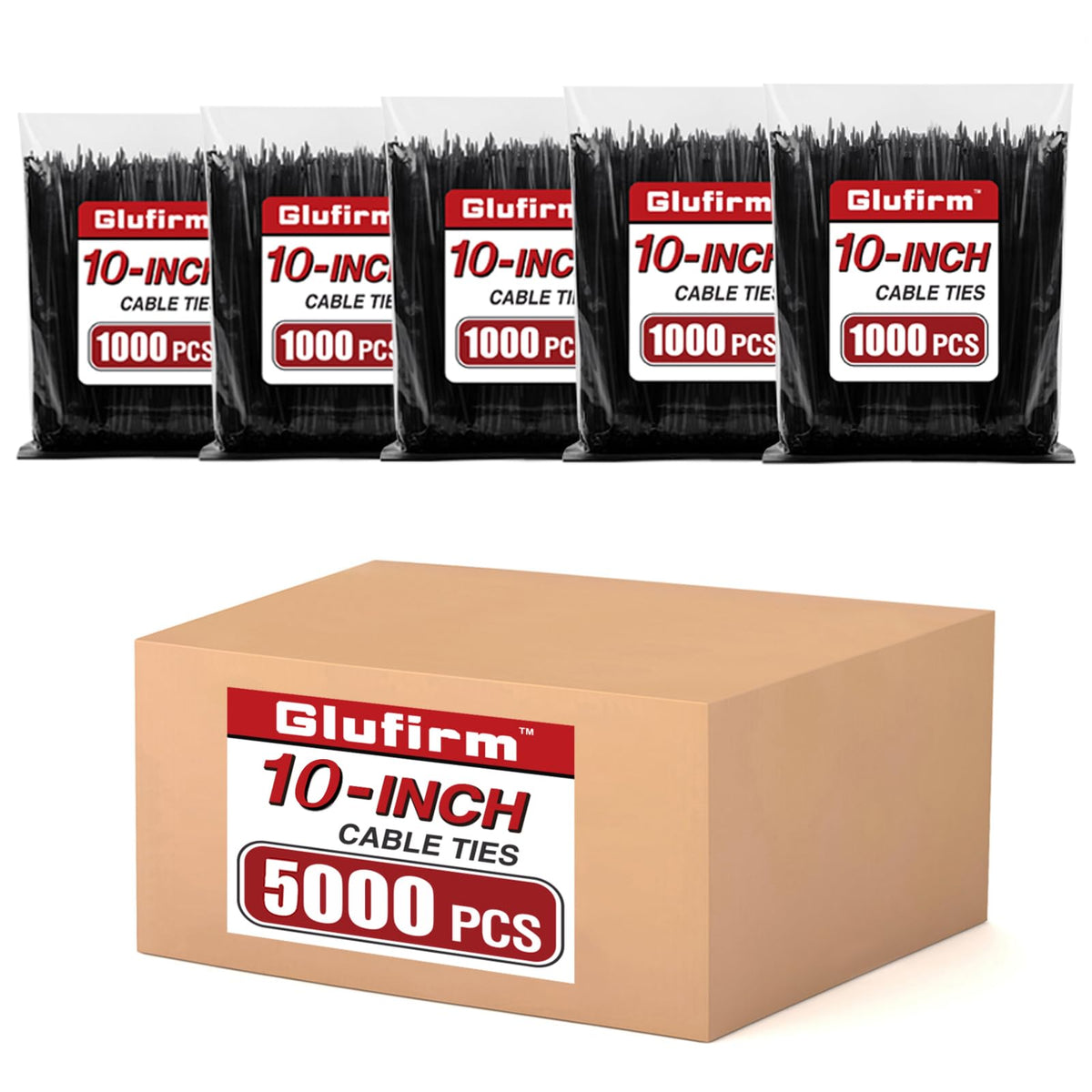 Glufirm Zip Ties 10-inch black bulk pack for quick cable organization.