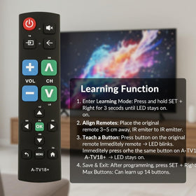 Gmatrix Big Button remote demonstrates broad TV compatibility in one device.