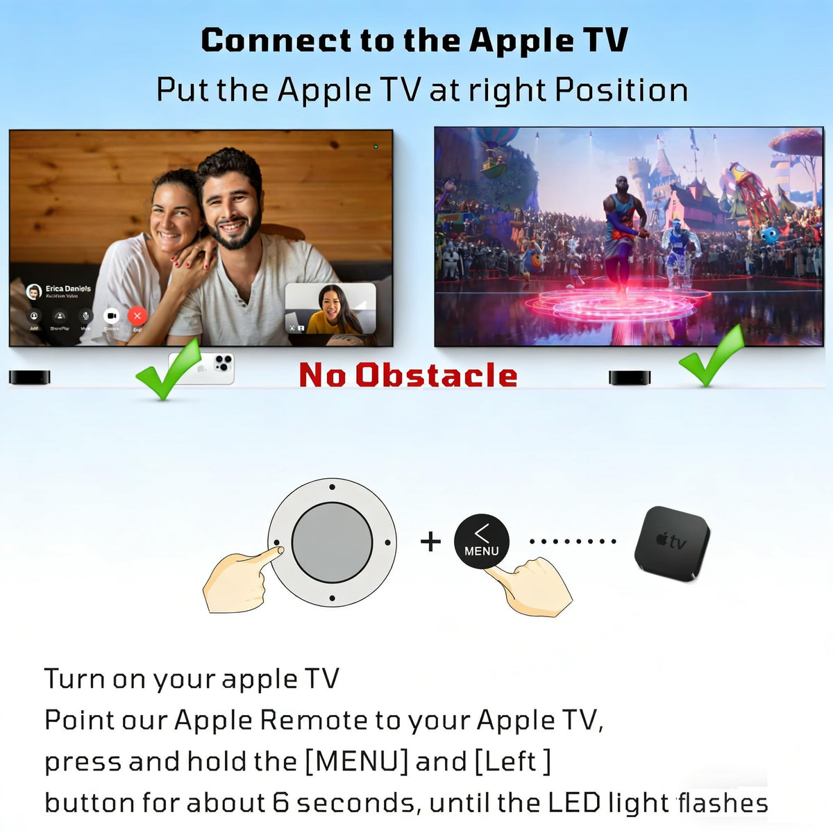 Gmatrix Apple TV remote in use during streaming setup on living room
