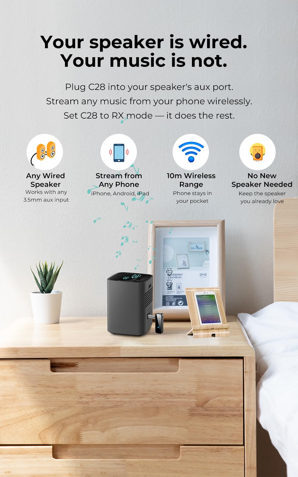 GMCELL C28 reliable 10-meter range for stable home audio streaming.