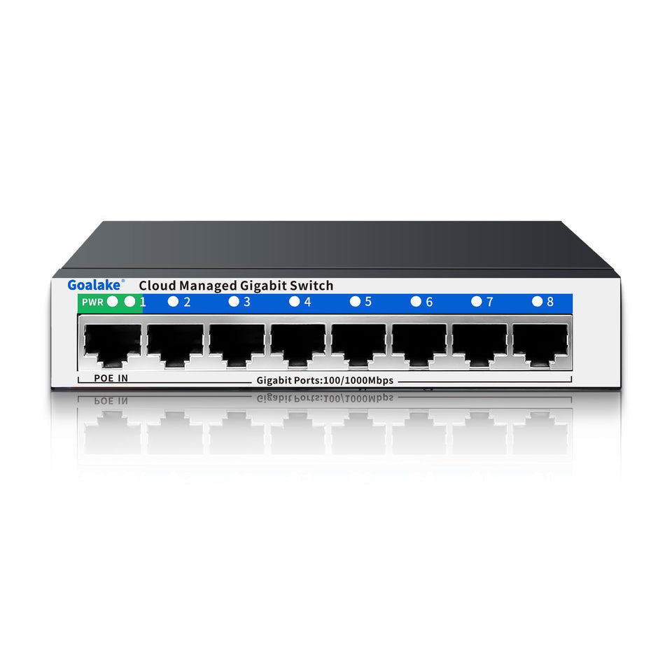 Goalake 8-Port Gigabit Switch front view showing compact desktop-ready design and accessible ports.