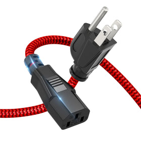 Goalfish 6.6 ft red power cord plugged into wall for reliable desk power.