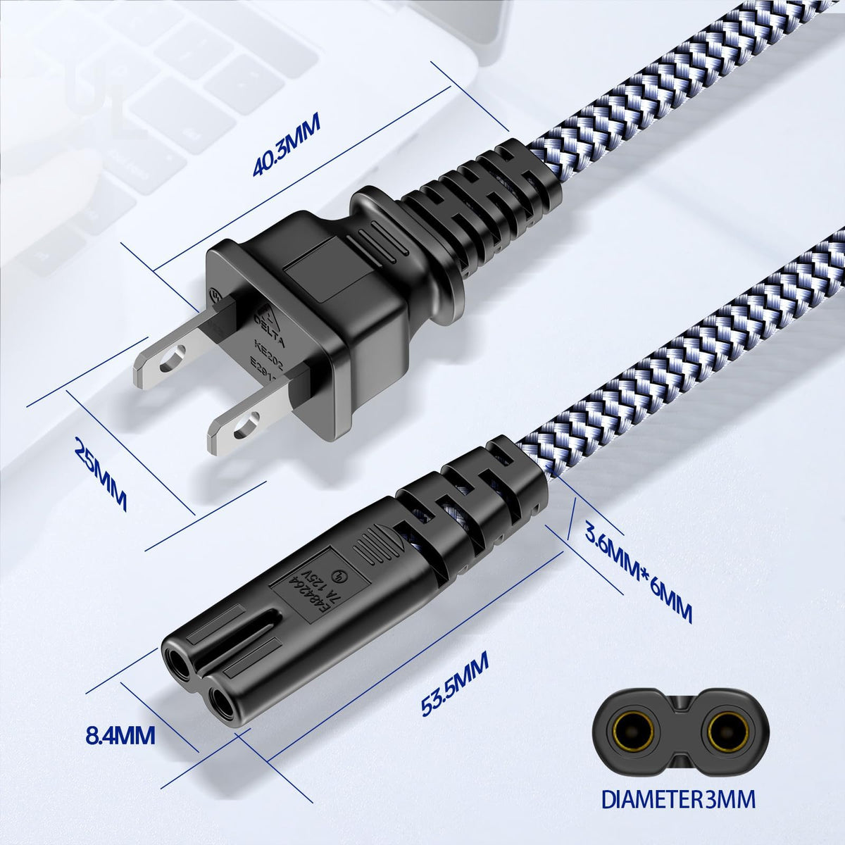 Goalfish power cord suited for printers, laptops, and more.