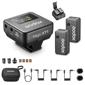 GODOX Magic XT1 microphone clipped to clothing for hands-free on-the-go recording.