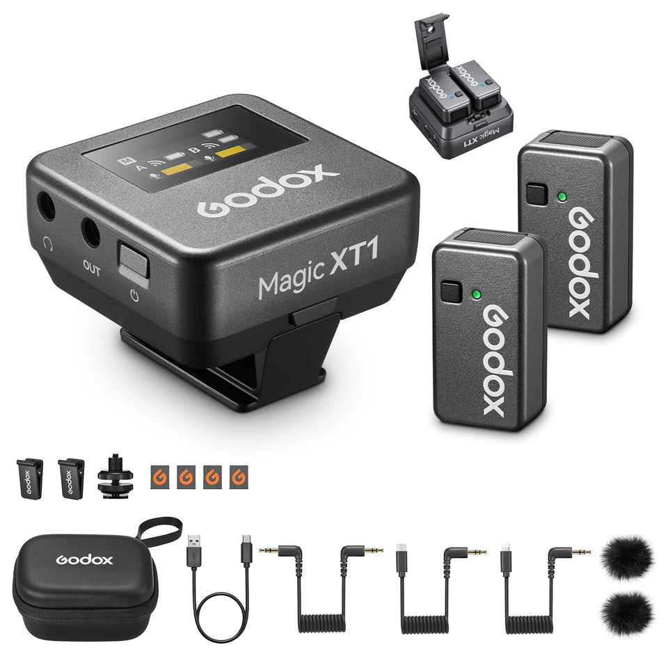 GODOX Magic XT1 microphone clipped to clothing for hands-free on-the-go recording.