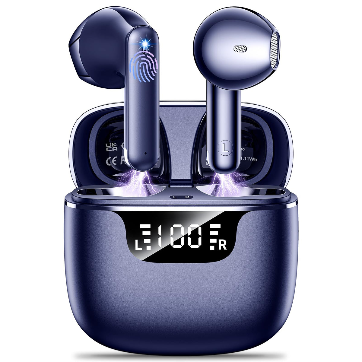 Godyse wireless earbuds with LED case display showing battery status clearly