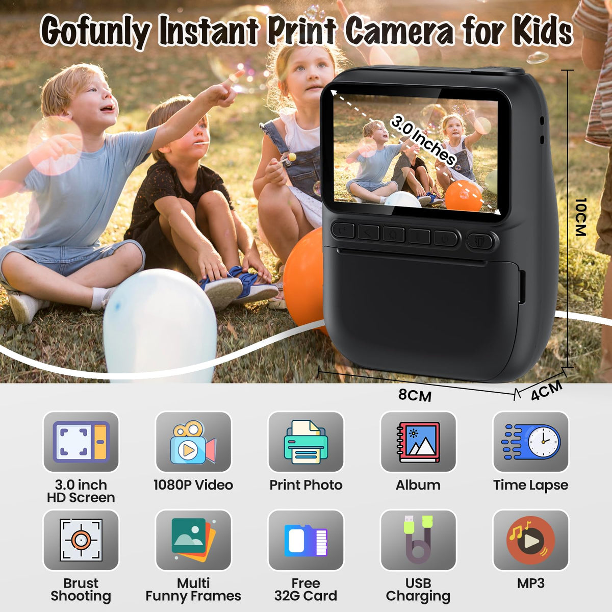 gofunly close-up of thermal printer slot ejecting photo, highlights instant print feature