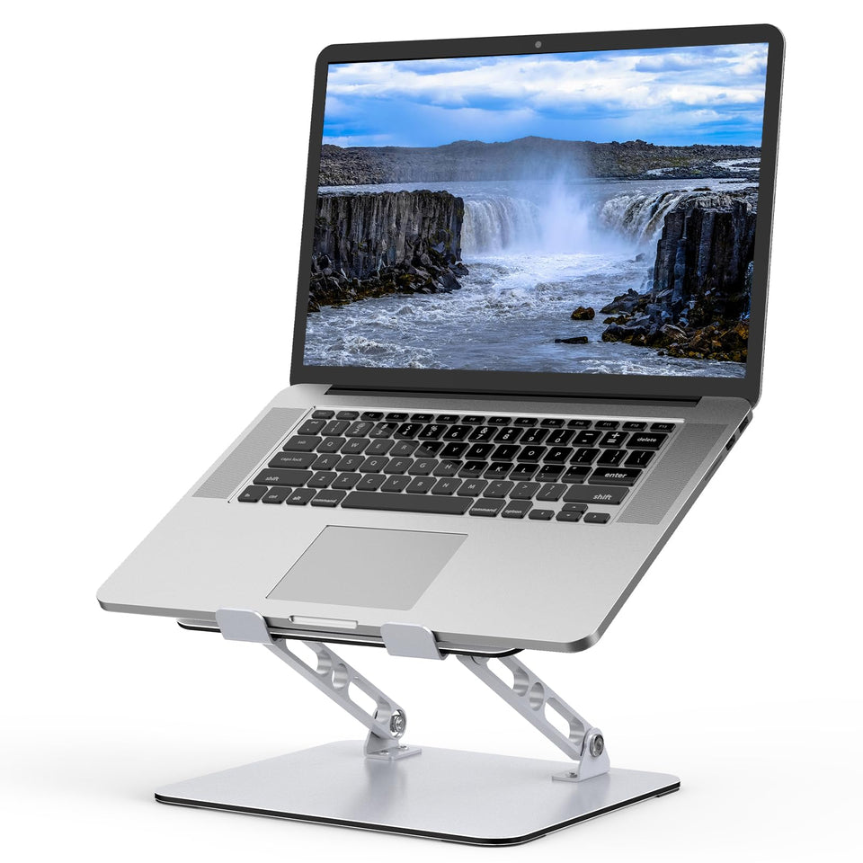 Gogoonike laptop stand adjustable-height supports ergonomic setup for long work sessions.