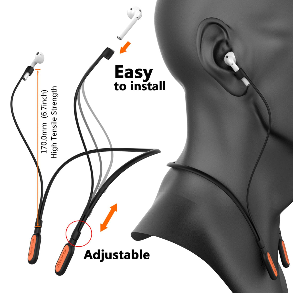 GOGOSODU AirPods strap easy-install illustration demonstrates quick setup.