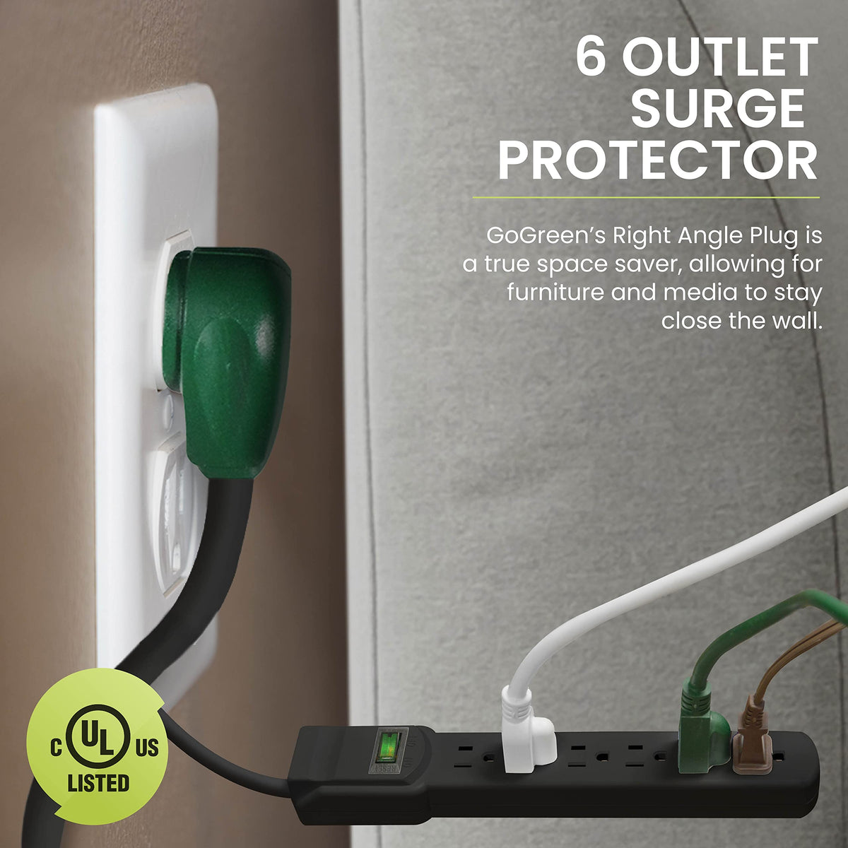Power By GoGreen GG-16106MSBK six-outlet layout keeps cords organized.