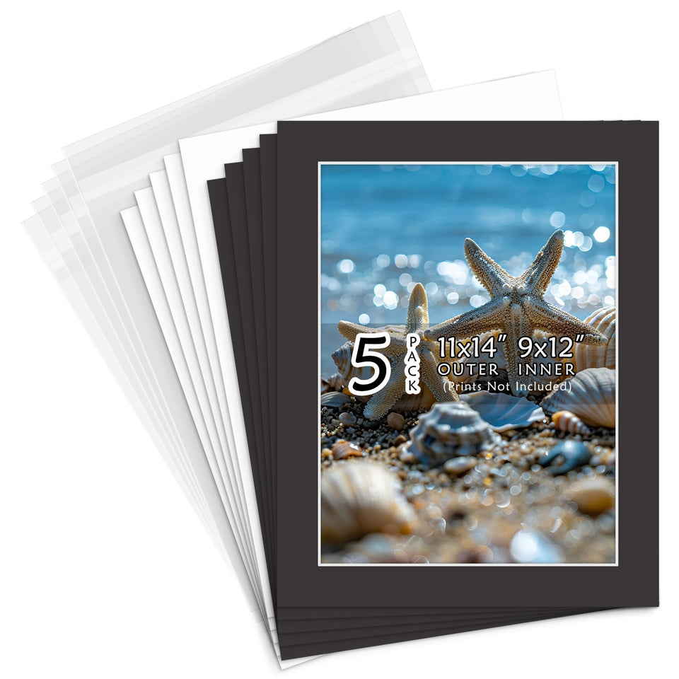 Golden State Art acid-free 11x14 black mats with white core bevel for archival framing.
