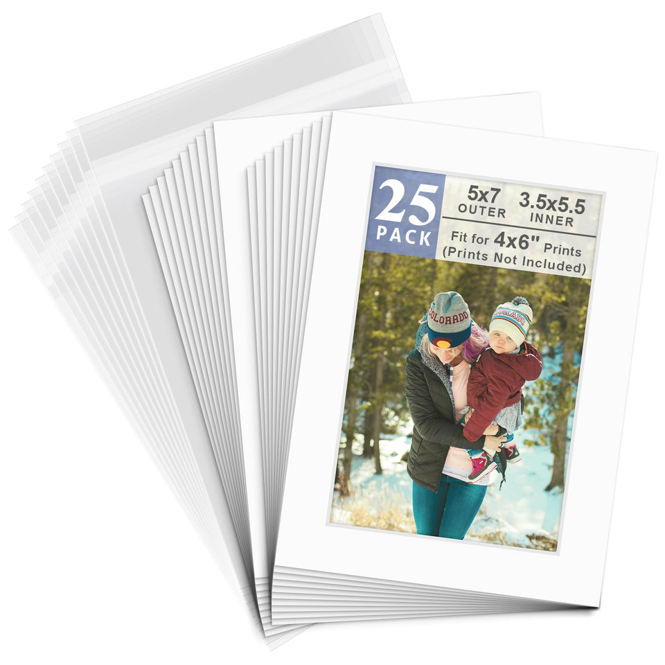 Golden State Art 25 white mats for 5x7 openings, bevel-cut for 4x6 photos.