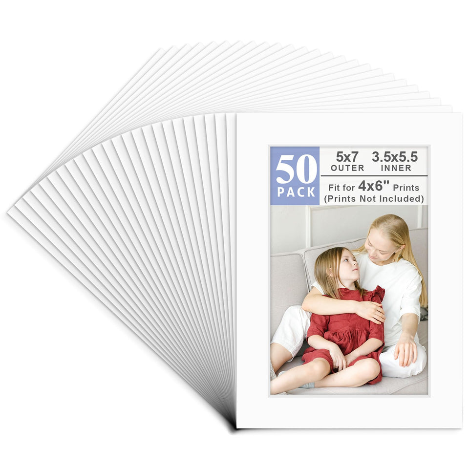 Golden State Art pack of 50 white 5x7 mats for versatile framing