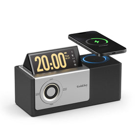GoldJoy 7-in-1 Bluetooth speaker in a living room with crisp highs and deep bass.