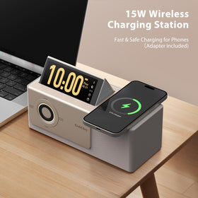 GoldJoy compact desk setup with charging and time display