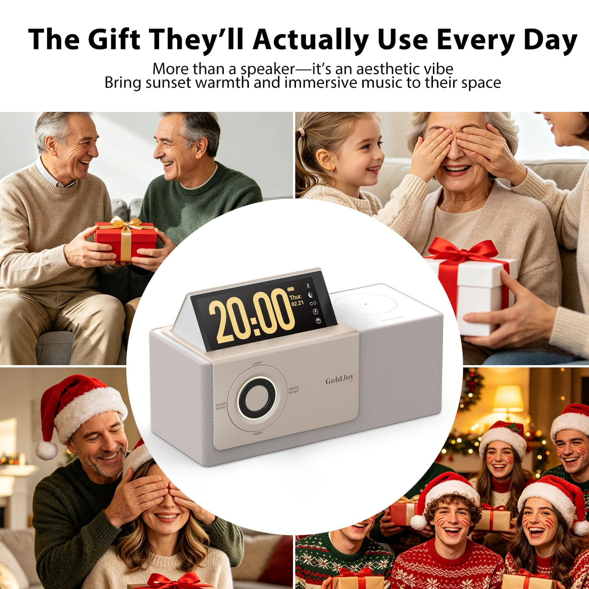 GoldJoy portable design travels outdoors with music and charging on demand.