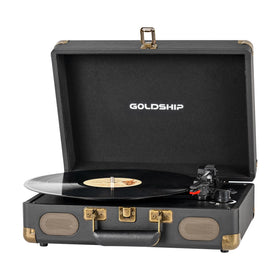 GOLDSHIP front view of retro suitcase turntable showing controls and speakers for stylish playback