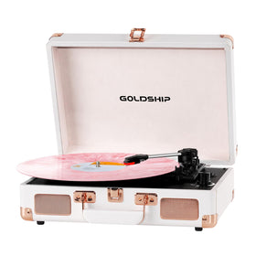 GOLDSHIP front view of suitcase turntable showing retro design and portability benefit