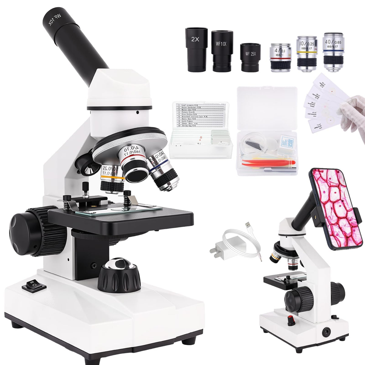 Goldstyle compound microscope with dual illumination for clear viewing of slides and opaque samples.
