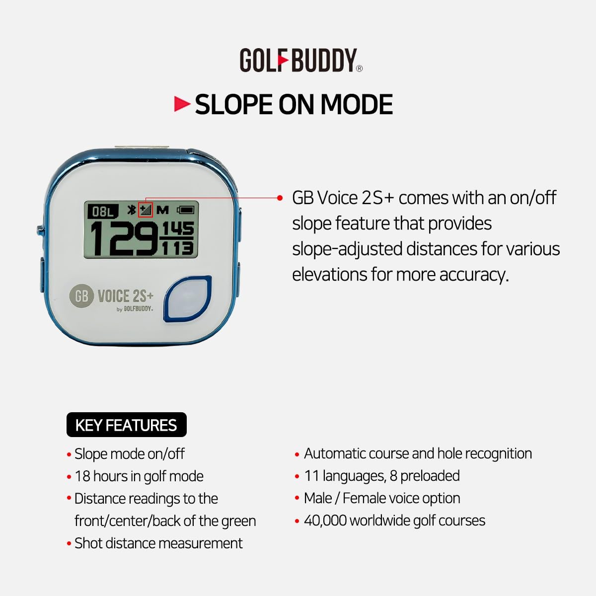 GolfBuddy Voice 2S+ audio output showing real-time distance prompts on the course.
