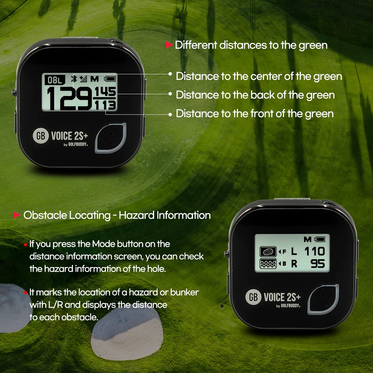 Golf Buddy Voice 2S+ battery indicator highlighting long golf mode endurance.