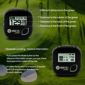 Golf Buddy Voice 2S+ battery indicator highlighting long golf mode endurance.