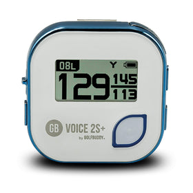 Golf Buddy Voice 2S+ compact GPS device in black and silver for quick yardages.