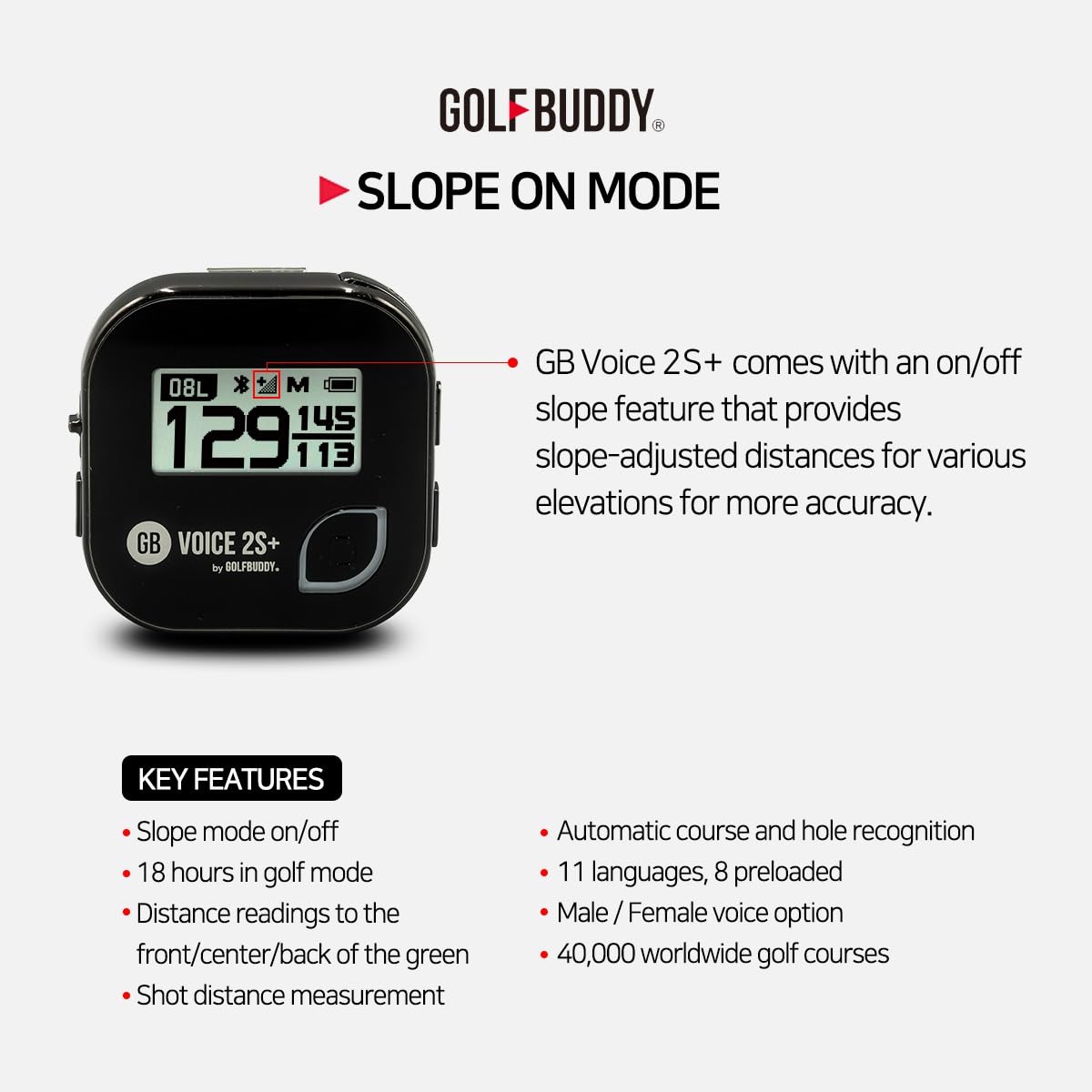 Golf Buddy Voice 2S+ display screen showing front, center and back distances clearly.