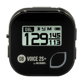 Golf Buddy Voice 2S+ on hat clip for hands-free distance reads.