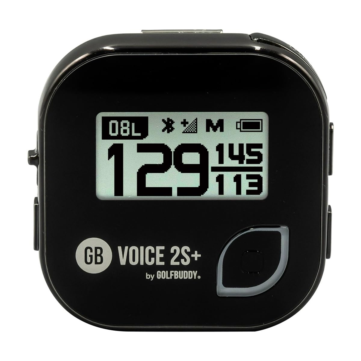 Golf Buddy Voice 2S+ hat clip on the brim for hands-free distance updates.