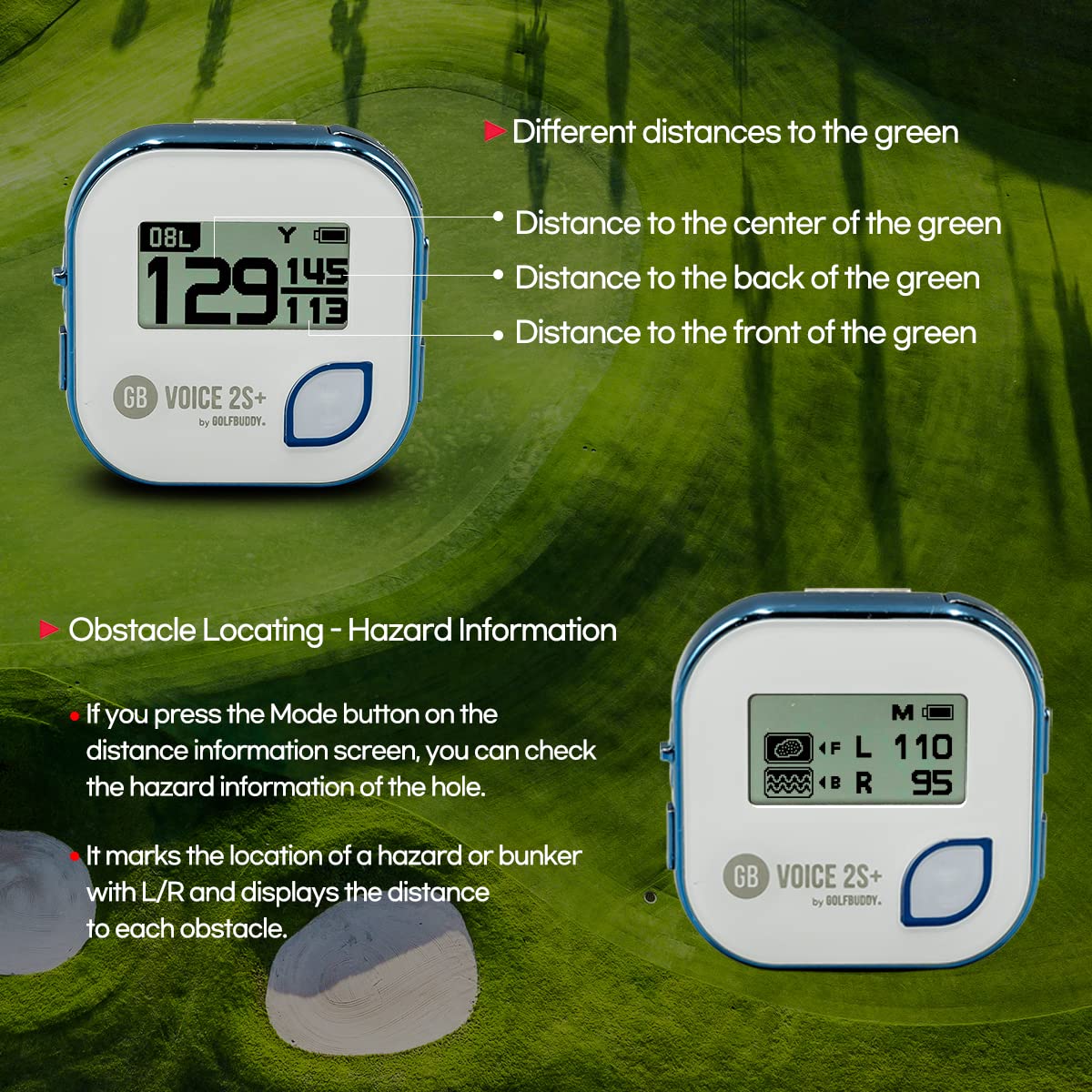 GolfBuddy Voice 2S+ LCD display presents front, center, and back distances clearly.