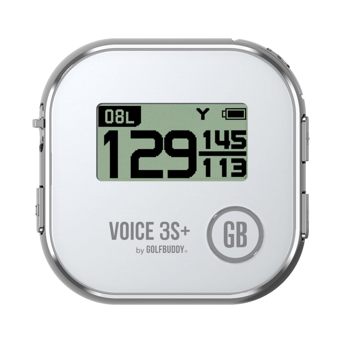 Golf Buddy Voice 3S+ hat clip on cap; hands-free distance cues.