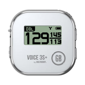 Golf Buddy Voice 3S+ hat clip on cap; hands-free distance cues.