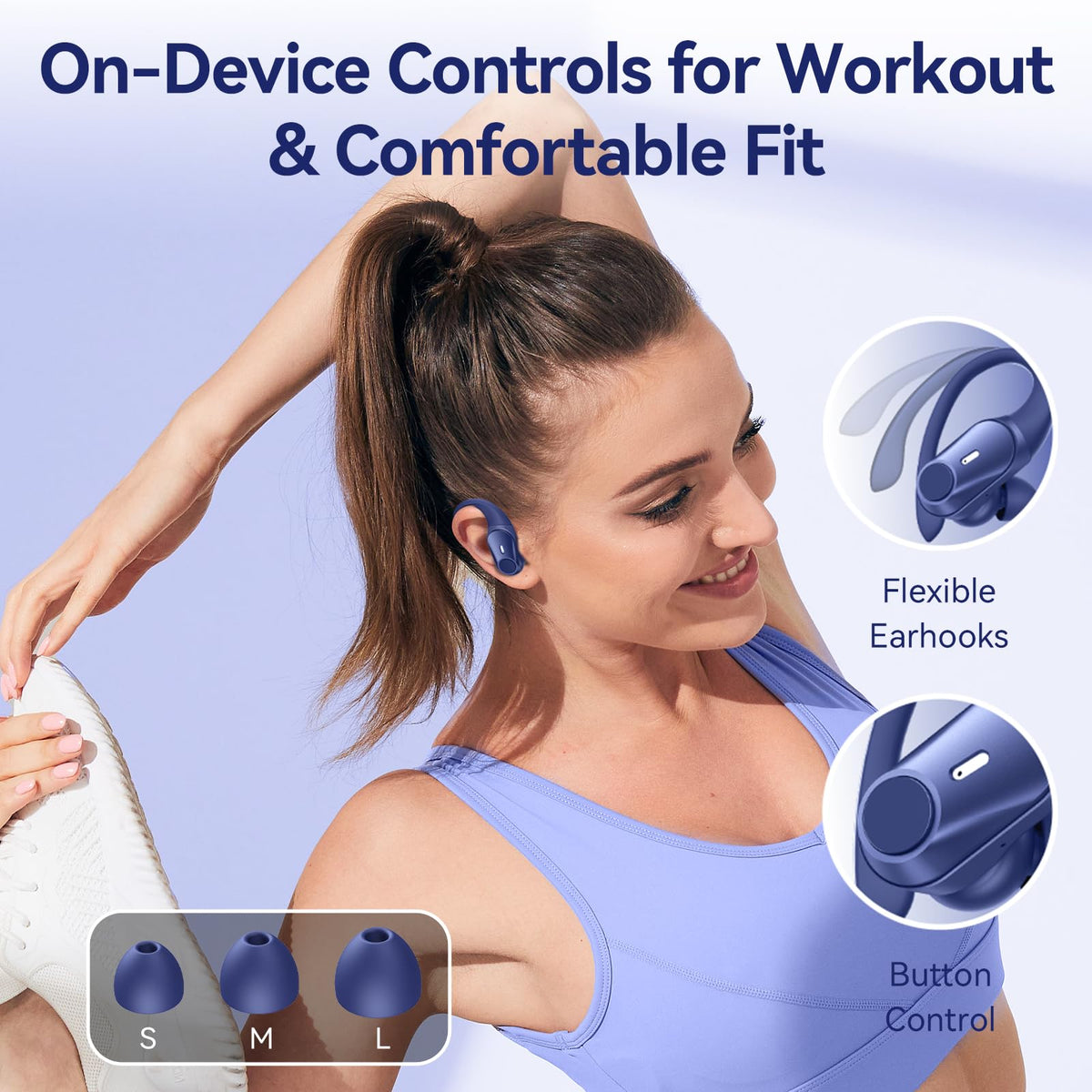 GOLREX earbuds with accessories and ruler, size and included items