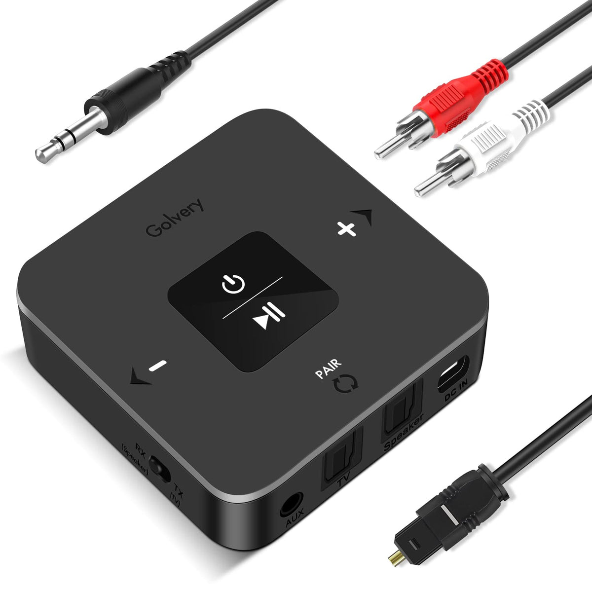 Golvery BTI-038 transmitter connected to TV for wireless headphones with crisp audio.