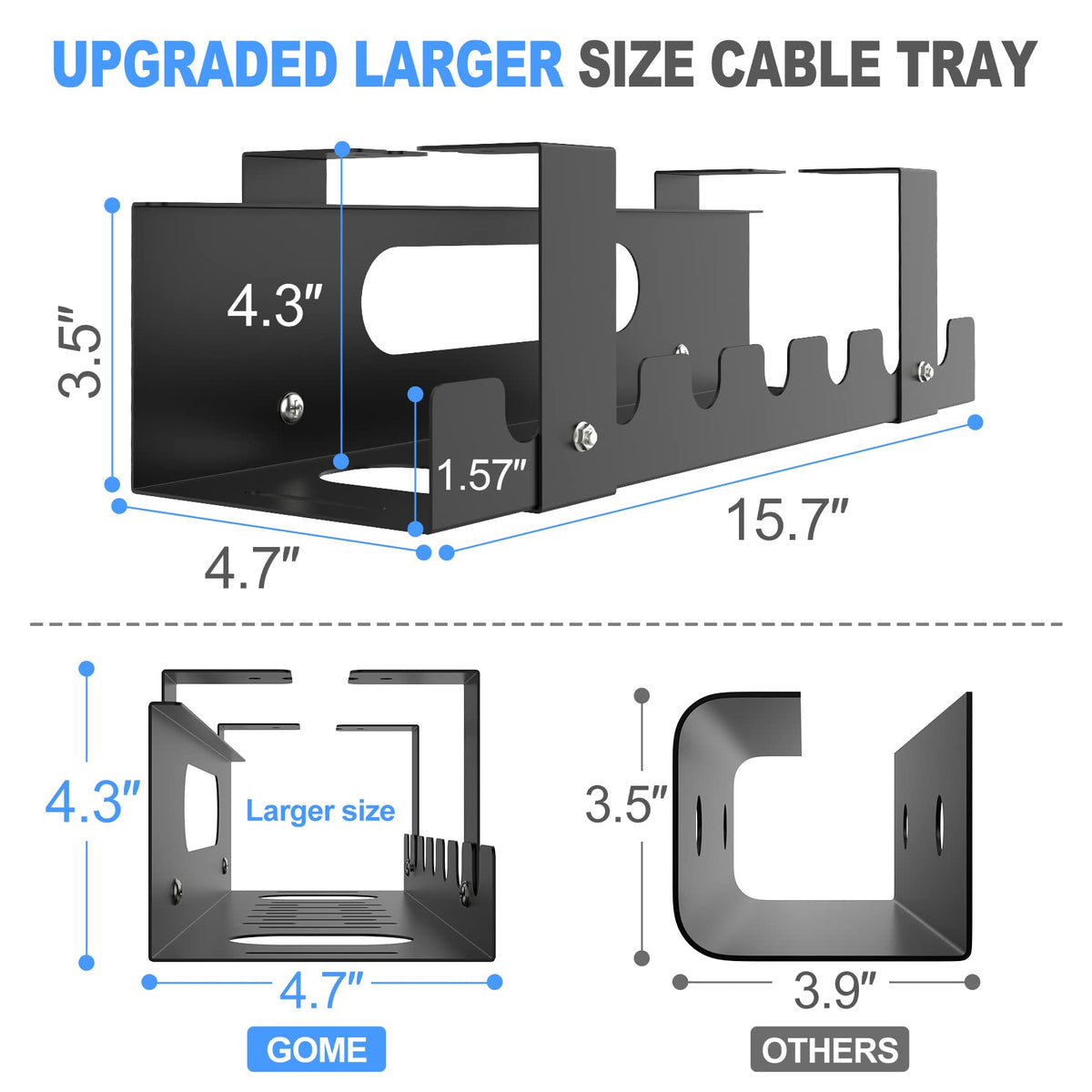GOME tray installed under a standing desk hiding power strips for cleaner workspace