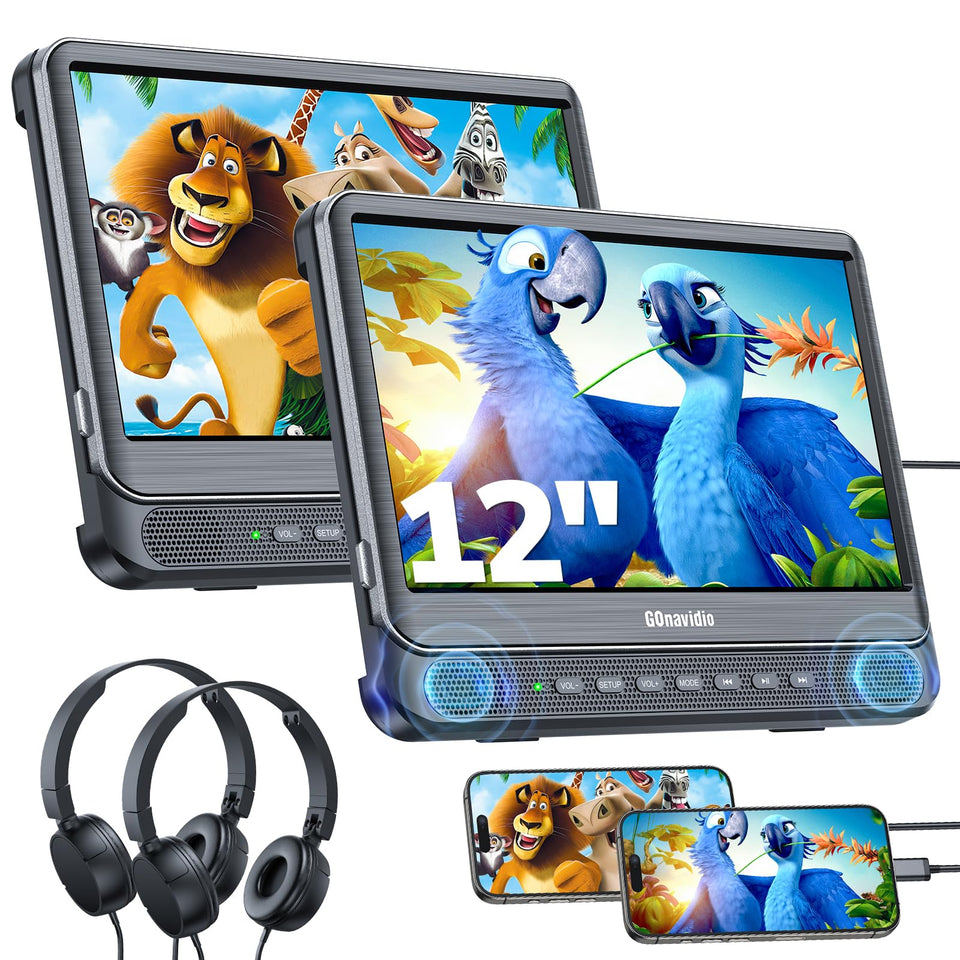 GOnavidio 12-inch dual car DVD players front view for shared or independent playback.
