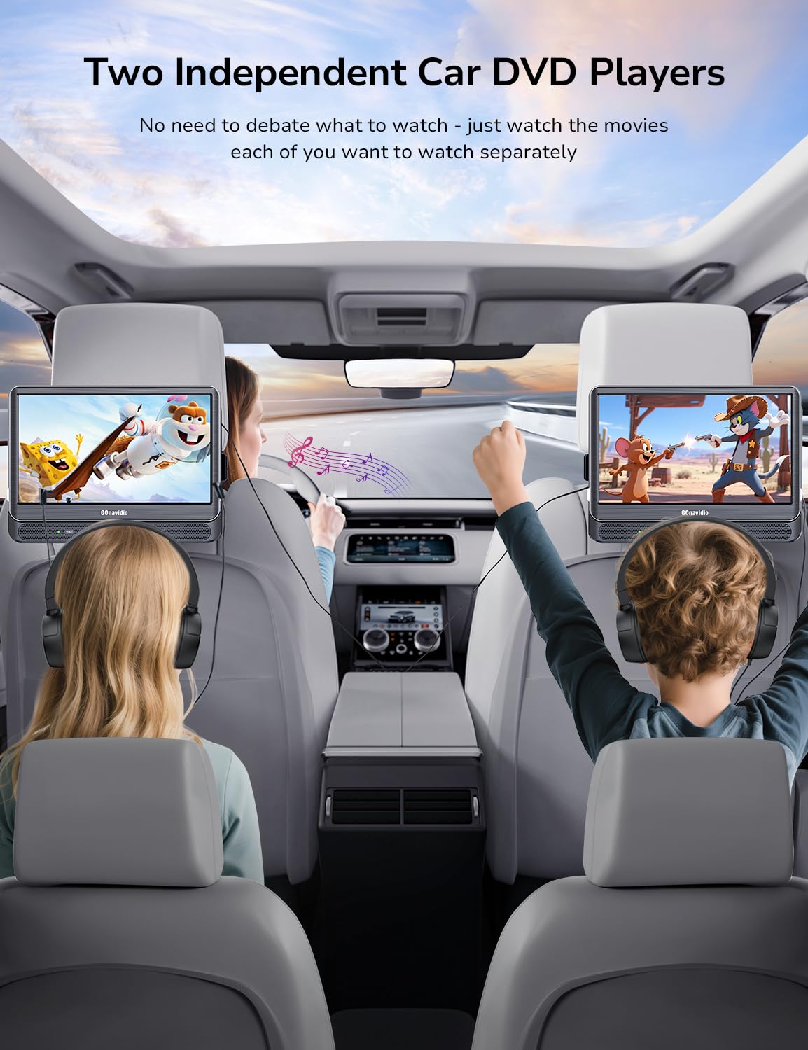 GOnavidio included wireless headphones for rear-seat listening.